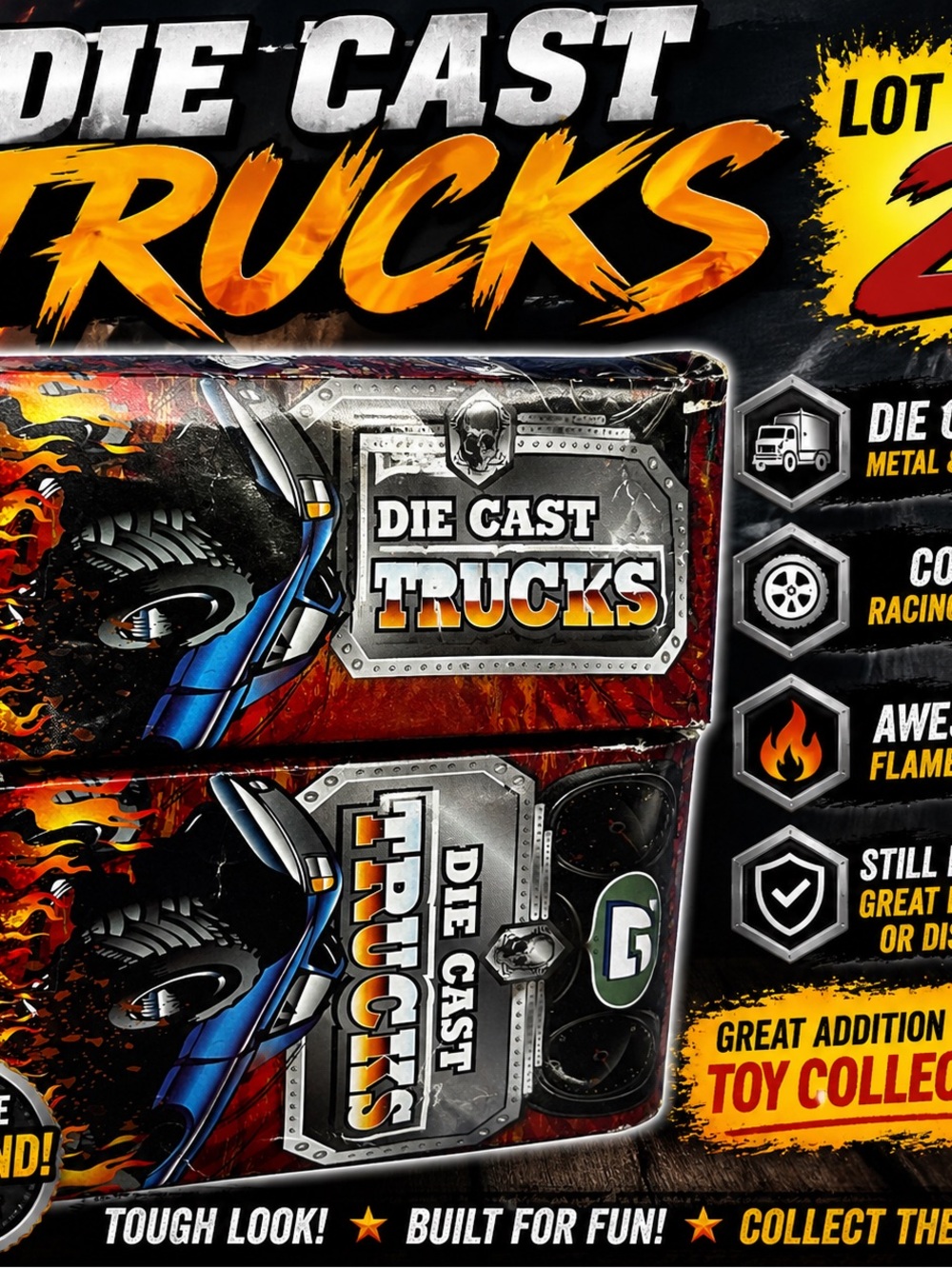 Die Cast Truck Lot (2) Vintage Toy Trucks in Box – Flames Racing Style